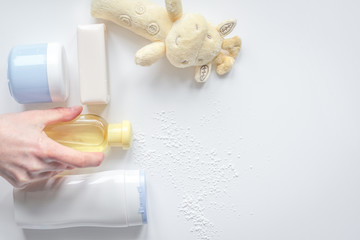 Obraz na płótnie Canvas baby accessories for bath with duck on white background