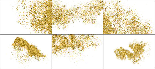 Set of Gold Glitter Texture Isolated on White. Golden Explosion of Confetti. Amber Particles Color. Celebratory Background. Vector Illustration, EPS 10.