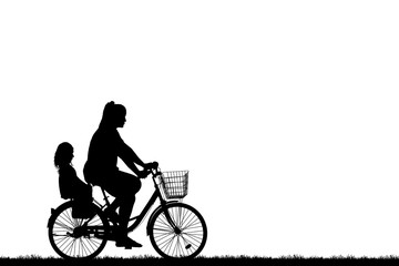  silhouette Mother and daughter ride bike on white background