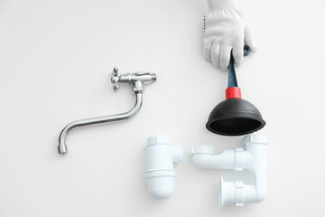 Set of plumbing items on white background