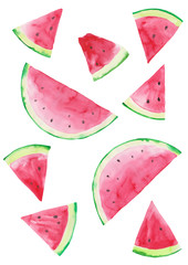 Sliced watermelon pattern. Watercolor hand drawn illustration.