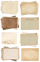Set of various Old papers and postcards with scratches and stains texture isolated