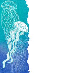 Vector illustration with jellyfish on watercolor background and place for tex. Invitation, greeting card. © maritime_m