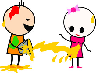 Vector illustration of a cute cartoons (boy and girl) playing with colors. Celebrating Indian festival Holi. 