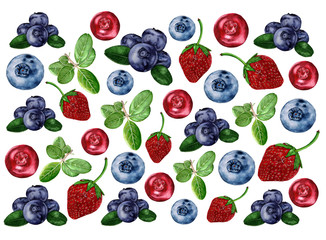 Background pattern of summer berries on white background for decoration and design.