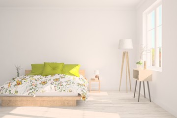 Stylish bedroom in white color. Scandinavian interior design. 3D illustration