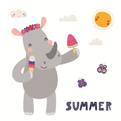 Hand drawn vector illustration of a cute rhino eating ice cream, with lettering quote Summer. Isolated objects on white background. Scandinavian style flat design. Concept for children print.