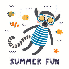 Hand drawn vector illustration of a cute lemur in summer snorkeling, with lettering quote Summer fun. Isolated objects on white background. Scandinavian style flat design. Concept for children print. © Maria Skrigan