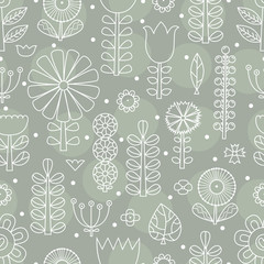 Linear flowers in Scandinavian style. Summer motive. Vector seamless pattern.