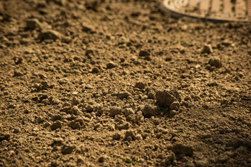 Clods of dry brown ground and manhole