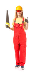 Female carpenter showing thumb-up gesture on white background