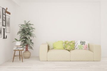 Stylish room in white color with sofa. Scandinavian interior design. 3D illustration