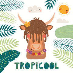 Obraz na płótnie Canvas Hand drawn vector illustration of a cute yak in summer in flower necklace, with lettering quote Tropicool. Isolated objects on white background. Scandinavian style flat design. Concept for kids print.