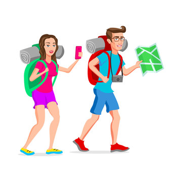 woman and man tourist hipster Funny cartoon character. Vector illustration of a flat design. Isolated on white background