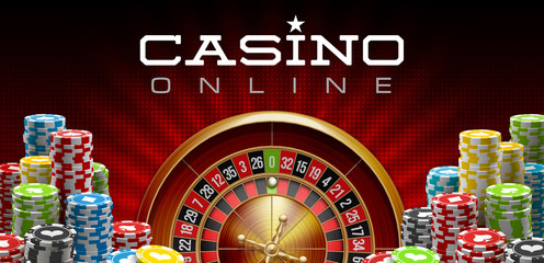 illustration Online Poker casino banner with realistic american roulette red surface table. Marketing Luxury red Banner Jackpot Online Casino with 3d classic roulette. Advertising poster poker chips