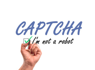 hand writing words CAPTCHA i'm not a robot on whiteboard