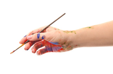 Painted female hand with brush on white background