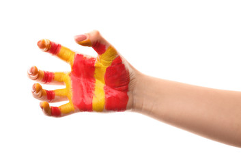 Painted female hand on white background