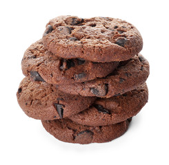 Tasty chocolate cookies on white background