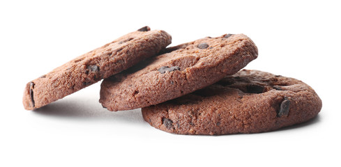 Tasty chocolate cookies on white background