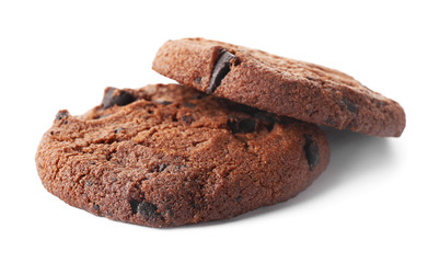 Tasty chocolate cookies on white background