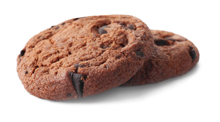 Tasty chocolate cookies on white background