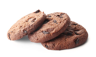 Tasty chocolate cookies on white background
