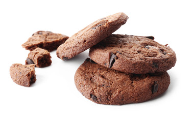 Tasty chocolate cookies on white background