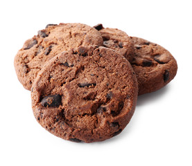 Tasty chocolate cookies on white background