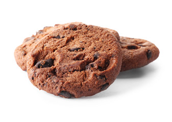 Tasty chocolate cookies on white background