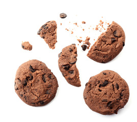 Tasty chocolate cookies on white background