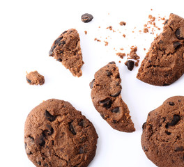 Tasty chocolate cookies on white background