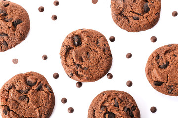 Tasty chocolate cookies on white background
