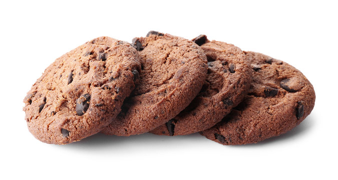 Tasty chocolate cookies on white background