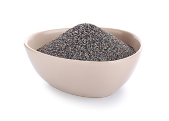 Bowl with poppy seeds on white background