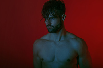 Fototapeta premium Handsome sport sexy stripped guy portrait in underwear with blue light on isolated bordo background