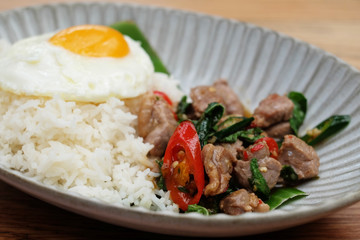 closeup stir fried beef, kaprow rice