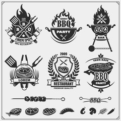 BBQ and grill labels set. Barbecue emblems, badges and design elements. Vector monochrome illustration.