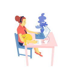 Flat style girl designer is sitting at desk and working with laptop, using graphic tablet
