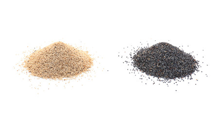 Heaps of different poppy seeds on white background