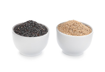 Bowls with different poppy seeds on white background