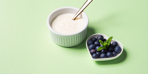 Fototapeta na wymiar Bowl of natural yogurt and fresh blueberries in heart shaped plate on pastel green background. Healthy breakfast concept