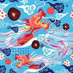 Seamless graphic bright chinese pattern with red dragon and clouds