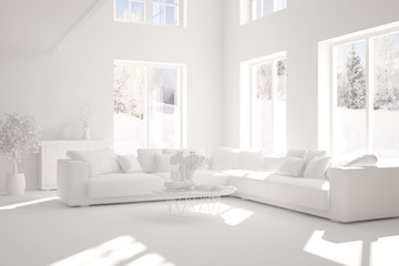 Mock up of stylish room in white color with sofa and winter landscape in window. Scandinavian interior design. 3D illustration