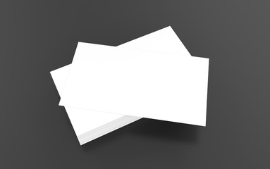 Empty white business cards on dark background. Info concept. Mock up, 3D