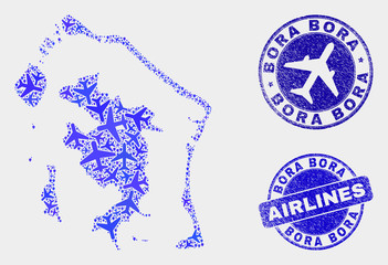Air plane vector Bora-Bora map mosaic and scratched watermarks. Abstract Bora-Bora map is done from blue flat randomized airlines symbols and map pointers. Shipping plan in blue colors, - obrazy, fototapety, plakaty