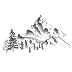 Mountain sketch. Hand drawn black mountains and forest, isolated on white.