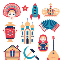 Russia travel set of traditional culture russian national symbols. Icons in flat style