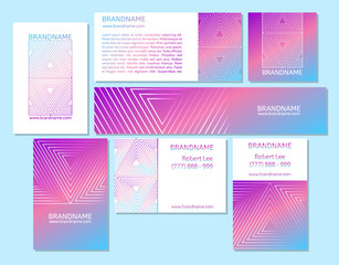 Vector set of business cards, flayers, banners with abstract geometric line pattern background for business brochure cover design. Pink, blue vector banner poster template.