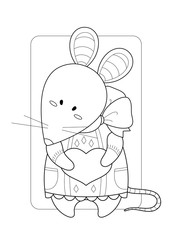 Cute rat in a dress holds the heart. Page for coloring book, greeting card, print and poster. Hand-drawn vector illustration.